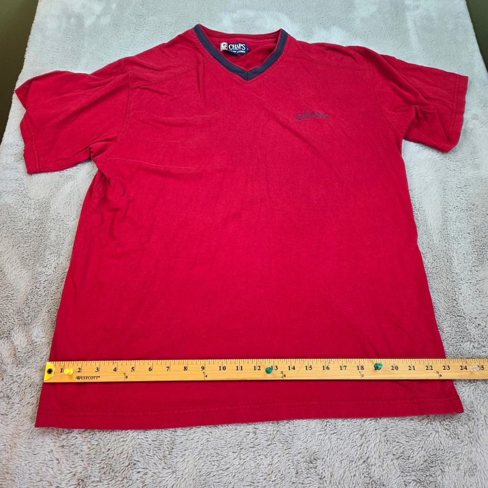Chaps Ralph Lauren T-Shirt Mens L V-Neck Short Sleeve Embroidered Logo Red Navy